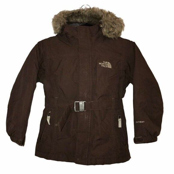 North Face Hyvent Girls Down Jacket Brown Faux Fur Trim Hooded Belt Zip Small - Picture 1 of 10